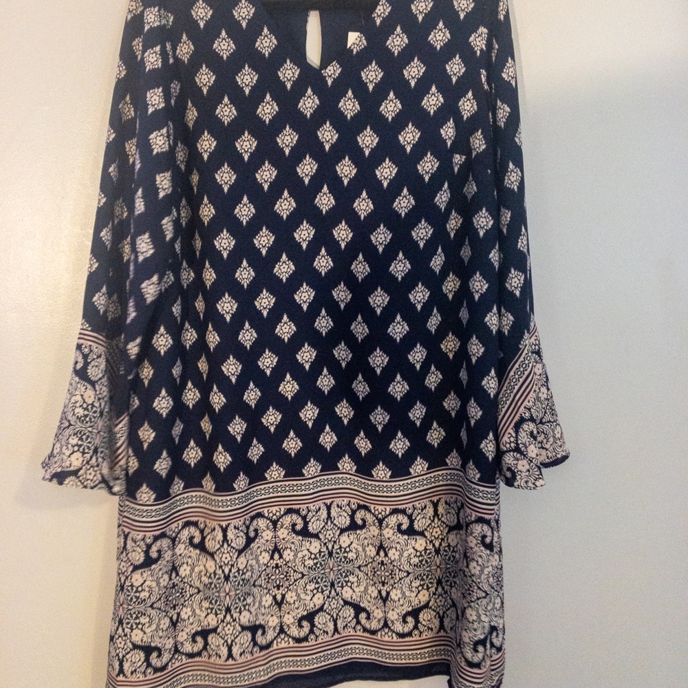 Patterned Navy and White Bell Sleeve Tunic Dress